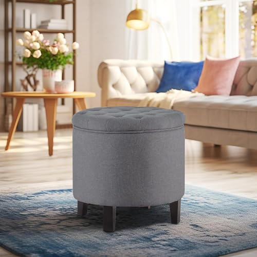 BELLEZE Moderner Ottomane mit Stauraum, kleiner gepolsterter Sitzhocker mit Knopfleiste, Fußhocker mit Hebefläche, für Schlafzimmer, Wohnzimmer, Waschtisch – Grau von BELLEZE