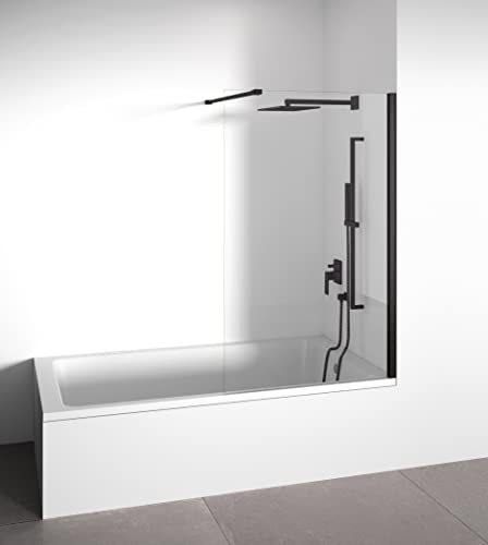 BELLOBATH - Duschwand für Badewanne 100 x 145 cm - Badewannenabtrennung - badewannenaufsatz Feststehendes Panel - 6 mm Sicherheitsglas - duschwand glas Antikalk - Mattschwarzes Profil von BELLOBATH