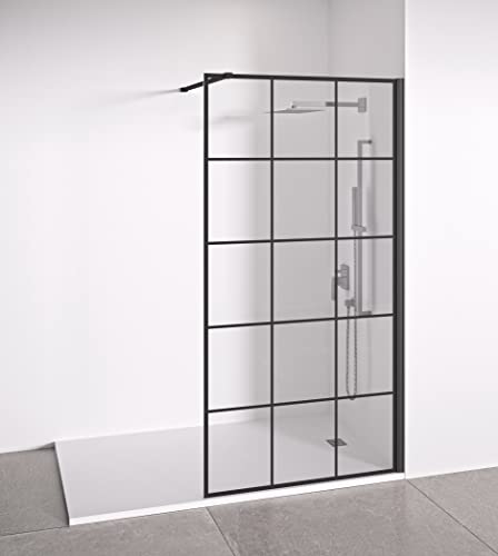 Duschwand Glas 100 x 195 cm - Walk In Dusche - Industriedekoration Glas - Einscheibensicherheitsglas 8 mm Dicke – Antikalk- Mattschwarz Profile - Duschtrennwand - Duschabtrennung Walk-In Dusche von BELLOBATH