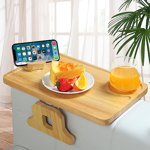 38.1x24.8 cm Couch-Arm-Tisch – starkes Gummi-Holz, Clip auf Beistelltisch für breite Couch-Arm mit 360° drehbarer Handyhalterung, Armlehnen-Tisch für Essen/Trinken/Snacks/Fernbedienung von BELO VALE