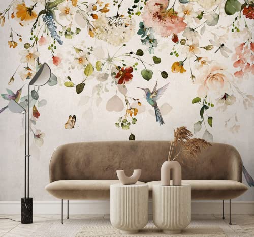 Tapete 3D Wandbild Elegante Blumen Und Vögel Im Aquarellstil Fototapete 3D Effekt Vliestapete Wohnzimmer Schlafzimmer Wanddeko von BELOKA