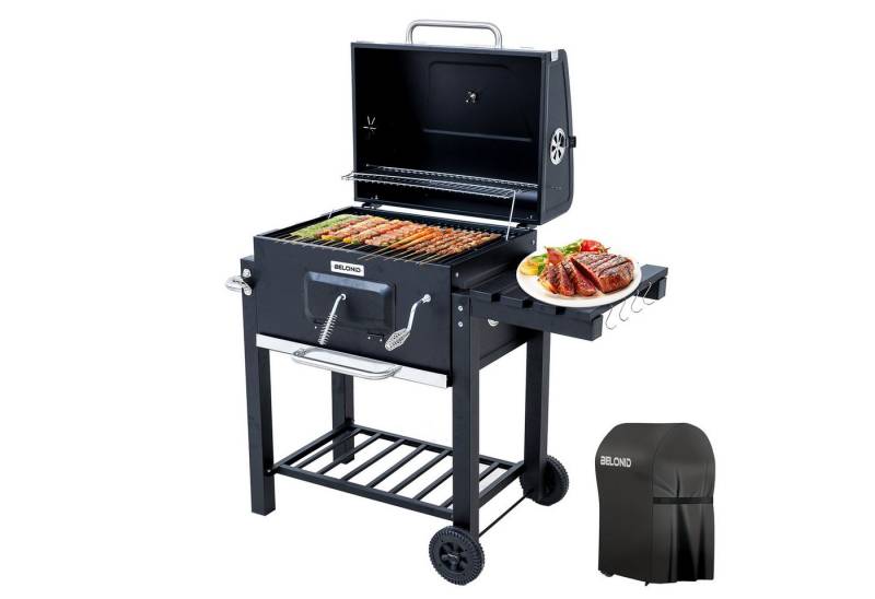 BELONID Holzkohlegrill Mit Grillabdeckungen Wasserfest, Grillfläche: 56×42.5 cm, Höhenverstellbare Kohlenwanne, Faltbarer Seitentisch, Thermometer von BELONID