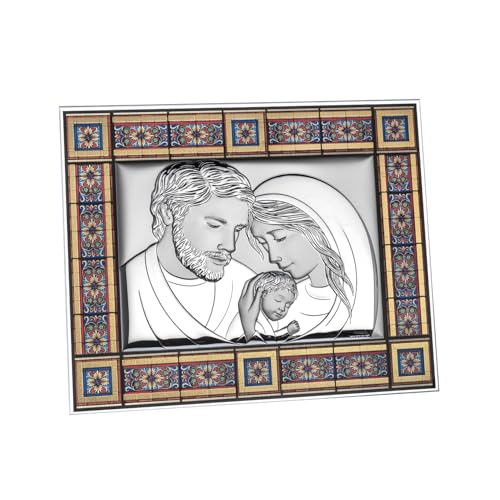 Belcom 1 IKONE DER HEILIGEN FAMILIE AUS ROTEM KATHEDRALGLAS CM19x2, Glas Miro‘ Silbermetall Holz Karton, silberfarben von BELTRAMI