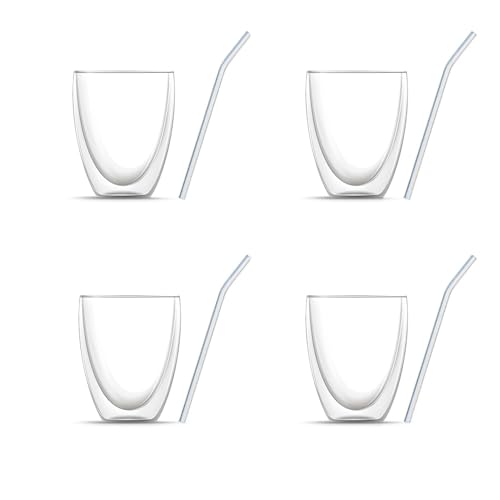 BEM 8-er Set: Vier Doppelwandige Cappuccino Gläser (je 330 ml) & vier Glasstrohhalme von BEM