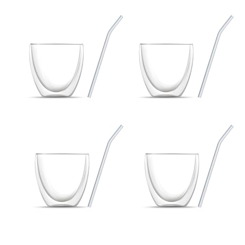 BEM 8-er Set: Vier Doppelwandige Kaffee Gläser (je 240 ml) & vier Glasstrohhalme von BEM