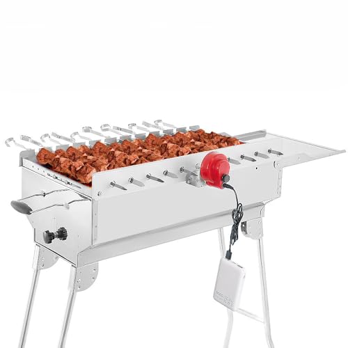 BEM Rambo Mangal Schaschlikgrill, Grillset mit Zubehör inkl. Powerbank + Motor, Elektrisch, Edelstahl, Klappbar, Holzkohlegrill mit Spießen von BEM