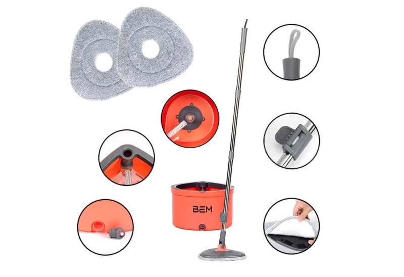 BEM Wischmopp ORBITA Bodenwischer Set mit Eimer, Bodenreinigung Set 2-in-1 mit Auswringfunktion und Filtersystem, selbsttrennendes Schmutz und Frischwassersystemм u. 2 Mopp-Köpfe inkl von BEM