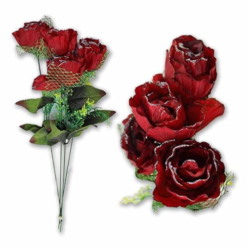 BEMIRO 4 Stück Rose Plastik dunkelrot mit Glitzer und Grünschmuck - ca. 51 cm von BEMIRO