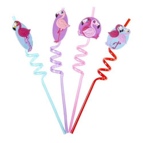 Flamingo Strohhalme – 4er Set, Plastik, Ca. 28 cm Lang, 4 Verschiedene Motive, Im Beutel Verpackt von BEMIRO