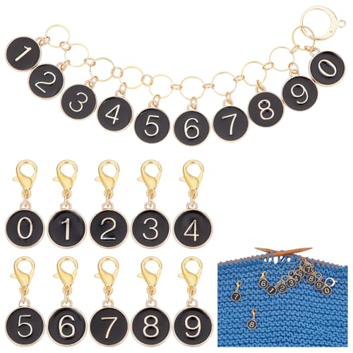 BENECREAT 11 Stück Zahlen-Stichmarker-Charms, Legierung Schwarze Emaille, 0~9 Strickreihe Zählerketten Emaille-Verriegelungsstich-Charm Mit Karabinerverschlüssen Zum Stricken, Weben von BENECREAT