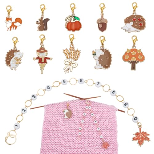 BENECREAT 11Pcs Legierung Zahl Stricken Reihe Zähler Ketten, Antik Silber Herbst Thema Charme Verriegelung Masche Marker mit Hummer Klaue Clasps für Stricken Weben Nähen Zubehör von BENECREAT
