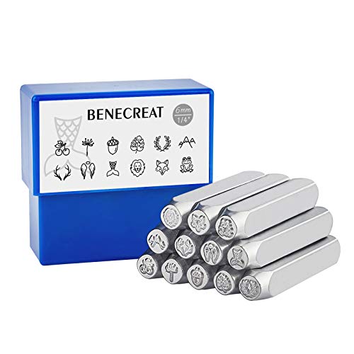 BENECREAT 12 Packs (6mm 1/4") Matte Design Metallstempelstanzen mit Werkzeugkoffer für Schmuck Leder Holzstempel, Tiere und Pflanzen Thema von BENECREAT