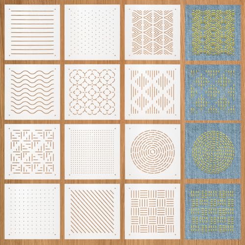 BENECREAT 12-teilige Sashiko-Schablone aus Kunststoff, 13x13cm Punkte Linien Wellen Schrägstriche traditionelles Stickwerkzeug Zeichenlinienvorlage für Handquilten und Sticken, 0.3mm dick von BENECREAT