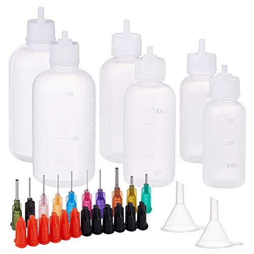 BENECREAT 12PCS Plastikklebeflaschen (30ml + 50 ml + 100ml) mit 20PCS Nadel mit stumpfer Spitze (10 gemischte Größe), 12 Flaschenverschlüssen und 6 Trichtertrichter für die flüssigen Kleber und Tinte von BENECREAT