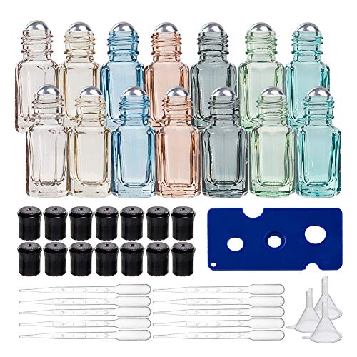 BENECREAT 14 Packungen 3ml Mehrfarben Rollenflasche mit ätherischen Ölen aus Mini Glas mit Kosmetikfläschchen mit Öffner, Tropfer und Trichter für die Aromatherapie mit ätherischen Ölen von BENECREAT