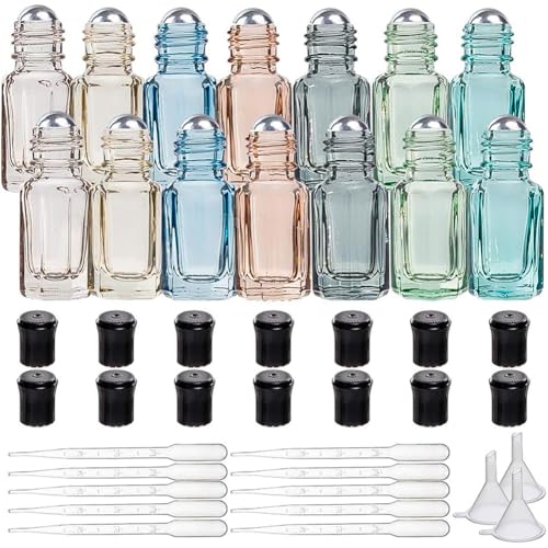 BENECREAT 14 Packungen 3ml Mehrfarben Rollenflasche mit ätherischen Ölen aus Mini Glas mit Kosmetikfläschchen mit Öffner, Tropfer und Trichter für die Aromatherapie mit ätherischen Ölen von BENECREAT