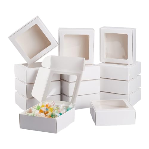 BENECREAT 20 Packung Weiße Kraftpapierboxen Mit Klarem Fenster 9.5x9.5x3.5 cm Geschenkverpackungsboxen Für Backkekse Kuchen Süßigkeiten Hochzeitsfeier Gefälligkeiten von BENECREAT