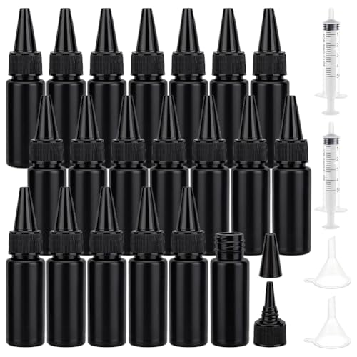BENECREAT 20 Stück 30ml Schwarze Squeeze-Flaschen, auslaufsichere Kunststoff-Dosierflaschen mit 3 Trichtern und 2 nadellosen Spritzen für UV-Kleber, Öl, Tinte, Flüssigkeiten von BENECREAT