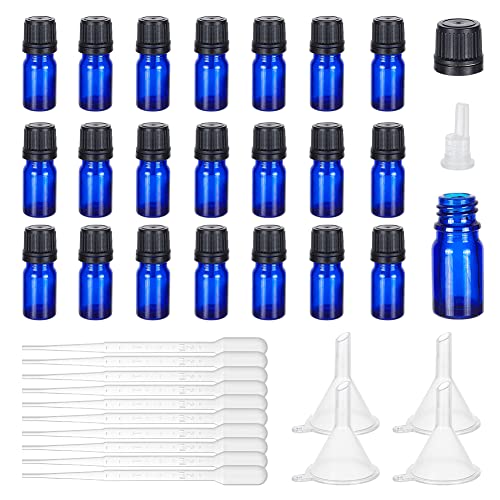 BENECREAT 24 Stück Glasflaschen Für Ätherische Öle 5 ml/0.17 FL. Oz Blue-Flasche Für Ätherische Öle Mit 10 Tropfer Und 4 Trichtern, Ätherische Öl-Balsamöl-Flasche Für Aromatherapie-Duftöl von BENECREAT