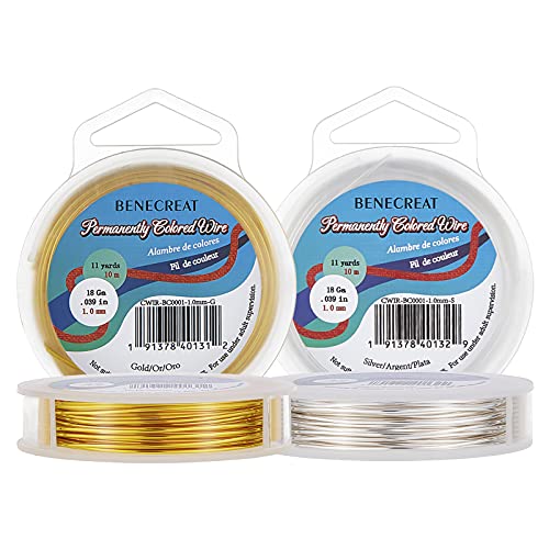 BENECREAT 2PCS 1.0mm (18 Gauge) anlaufbestandiger Draht, Mischfarbe (Gold und Silber), 10M / 11Yard pro Farbe, 2 Farbe/Set von BENECREAT