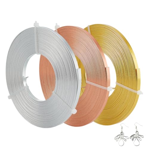 BENECREAT 3 Rollen flacher Aluminiumdraht, 5 mm breit, anlaufgeschützt, Schmucklünettendraht für Bastelarbeiten, Schmuckherstellung (3 Farben, 10 m) von BENECREAT