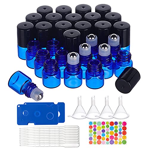 BENECREAT 30 Pack 1ml Blaue Glasrollerflaschen Ätherische Öle Rollerflaschen Mit Edelstahlrollerkugeln, 10PCS Tropfer, 4 Stück Trichter, 2 STÜCKE Flaschenöffner Und 1 Blatt Aufkleber von BENECREAT