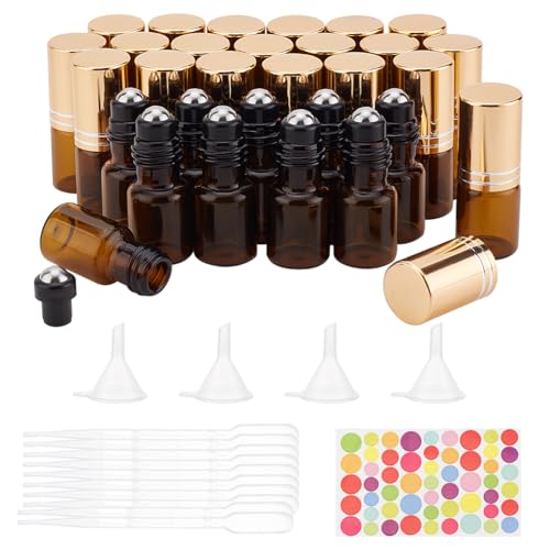 BENECREAT 30 Pack 3ml Runde Roller Balls Flasche, Bernstein Nachfüllbare ätherisches Öl Flasche für Parfums, Aromatherapie - mit 10pcs 2ml Dropper, 4pcs Hoppers, 1pcs Flaschenöffner von BENECREAT