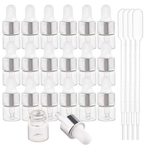 BENECREAT 30 Packung 1ml Klarglas Tropfflasche Augenflaschen mit ätherischen Ölen, silbernen Kappen und 4PCS Tropfflasche für Aromatherapiekosmetik Samplep von BENECREAT