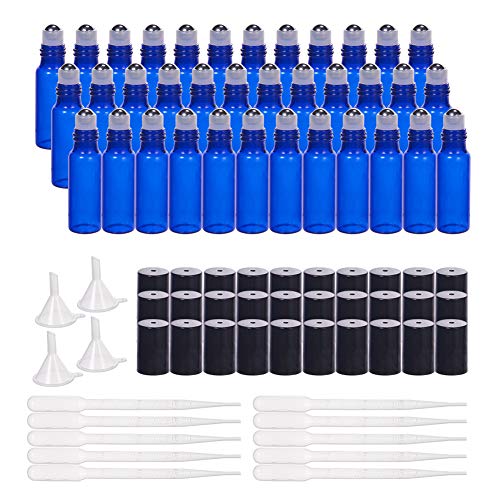 BENECREAT 30er Packung 5ml Kobaltblaue Glas Rollerflaschen mit ätherischen Ölen Rollerflasche mit Edelstahlkugeln, 10er Pipetten und 4er Trichter für ätherische Öle von BENECREAT