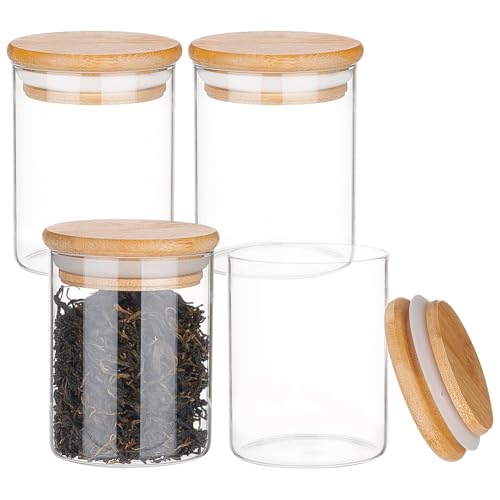 BENECREAT 4 Packung Transparentes Glasgefäß Mit Bambusdeckeln, 200 ml, Rund, Klein, Luftdicht, Gewürzaufbewahrungsbehälter Mit Silikonringdeckeln Für Zuhause, Küche, Zucker, Salz von BENECREAT