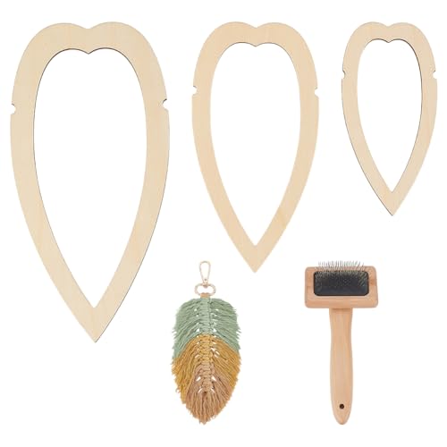 BENECREAT 4 Teiliges Makramee Zubehör Set Makramee Blatt Vorlage Aus Holz 3 Schneideform Und 1 Edelstahlkämme Zur Herstellung von Makramee Federquasten. Schlanke Tropfenform von BENECREAT