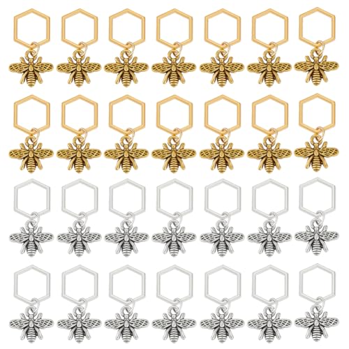 BENECREAT 40 Stück Antike Silberne Und Goldene Bienenstichmarker, Legierungs-Bienenanhänger Im Tibetischen Stil Mit Sechseckigen Verbindungsringen Zum Stricken Und Häkeln von BENECREAT