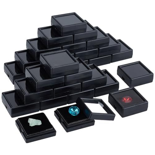 BENECREAT 48 Packung Edelstein-Displaybox, Kunststoff-Diamant-Vitrine, Schwarze Schmuckschatulle Mit Transparenten Deckeln Zum Edelsteine, Münzen, Raute, Geschenkverpackung, 4x4x1.5cm von BENECREAT