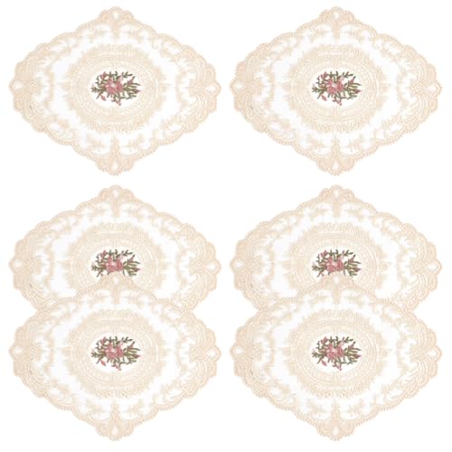 BENECREAT 6 Stück Beige Retro-Tischsets aus Spitze, 21.4x26.6cm ovale bestickte Tischsets, Spitzendeckchen für Zuhause, Hochzeit, Untersetzer, Tasse von BENECREAT