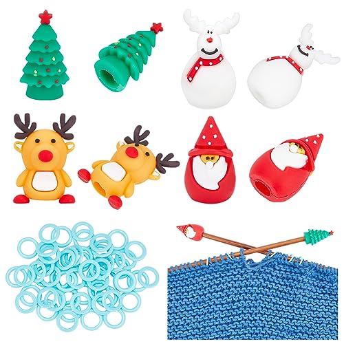BENECREAT 68-Teiliges Strickwerkzeug-Set, 8 Stück Weihnachtsthema Silikon-Stricknadeln Spitzenschutz Und 60 Stück Kunststoff-Maschenmarkierungsringe Zum Stricken, DIY-Kunst Und Nähen von BENECREAT