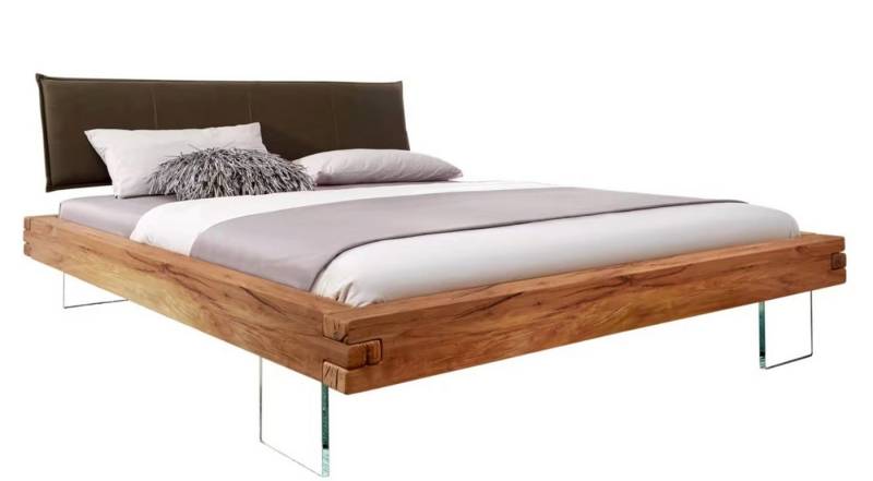 BENEDO MÖBEL Massivholzbett Wildeiche– mit Stoffkopfteil & Glasfüßen, Designer Balkenbett von BENEDO MÖBEL