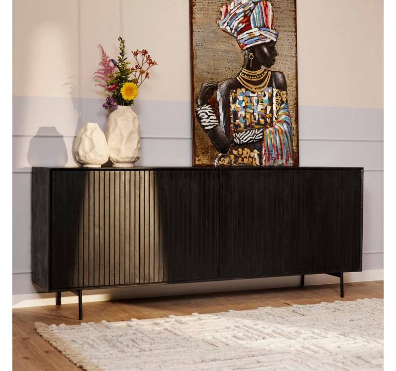 BENEDO MÖBEL Sideboard Mandy Schwarz, Mangoholz, 4 Türen, Lamellen Design, 210x45x85 cm von BENEDO MÖBEL