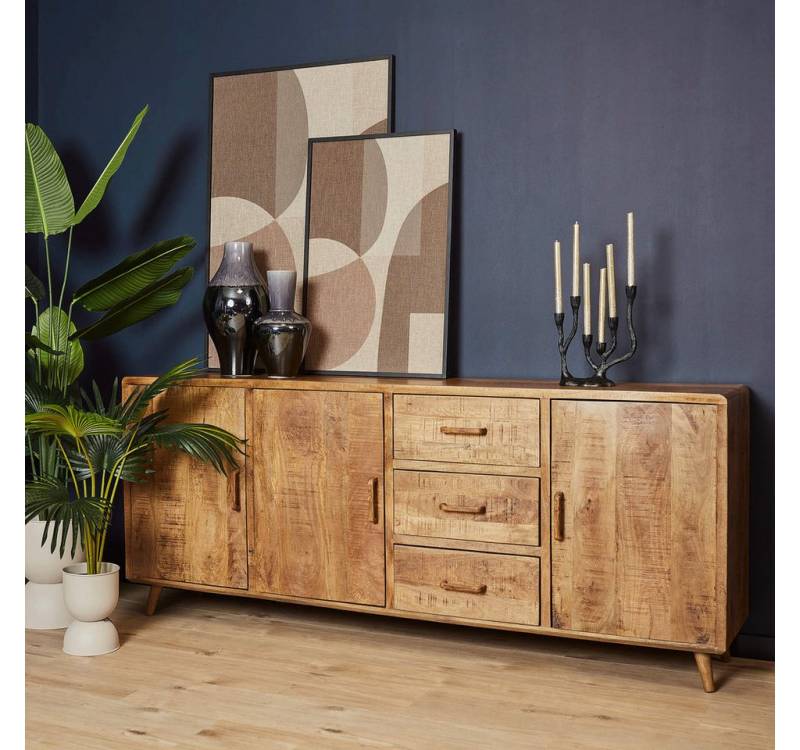 BENEDO MÖBEL Sideboard Raven, Mangoholz Stauraum Kommode, 3 Türen, 3 Schubladen, 220x45x90 cm von BENEDO MÖBEL