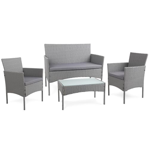 BENEFFITO Tulum - Gartenmöbel 4-Sitzer - 1 Sofa, 2 Sessel, 1 Couchtisch - Wasserabweisende und Abziehbare Kissen mit Reißverschluss - Grau/Grau von BENEFFITO