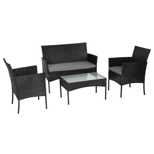 BENEFFITO Tulum - Gartenmöbel 4-Sitzer - 1 Sofa, 2 Sessel, 1 Couchtisch - Wasserabweisende und Abziehbare Kissen mit Reißverschluss - Schwarz/Grau von BENEFFITO