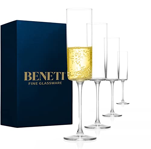 Luxuriöse Champagnerflöten aus Glas [4 Stück] 170 ml Champagnergläser, 100 % bleifrei, Premium quadratischer Rand geblasenes Glas Prosecco Weinglas Flöten mit Stiel für Sauvignon Blanc Muscat etc. von BENETI