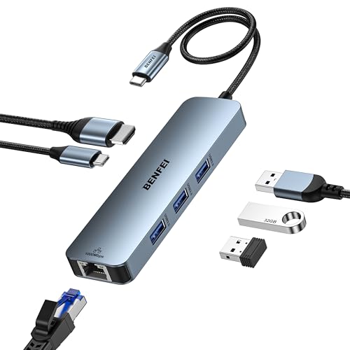 BENFEI 6-in-1 USB C HUB mit HDMI 4K@60Hz/ Gigabit Ethernet/100W PD Stromversorgung/3*USB A 5Gbps [Silikonkabel Aluminiumgehäuse] kompatibel mit iPhone 15 Pro/Max MacBook iPad Pro iMac S23 XPS17 von BENFEI