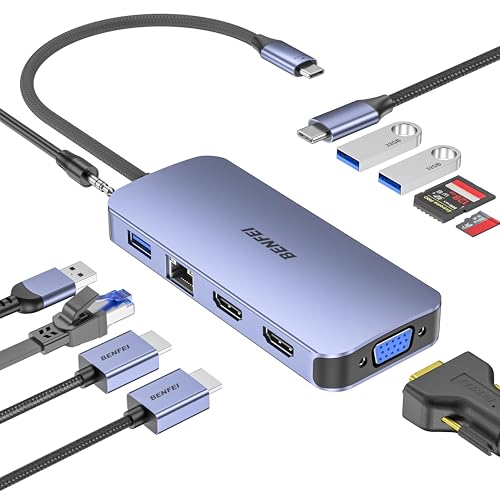 BENFEI Docking Station USB C MST Hub 3*Display- 11 in 1, USB C HUB mit 2HDMI 4K/VGA/5Gbps 3 x USB 3.0/SD/TF Card Reader/Ethernet/PD 100W/3.5mm Aux Audio für MacBook Air/Pro XPS Surface von BENFEI