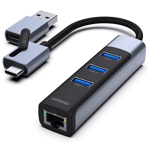 BENFEI Ethernet Adapter mit 3*USB 3.0, USB Typ-C/Typ-A auf Gigabit Ethernet LAN Netzwerk Adapter, kompatibel für iPhone 15 Pro/Max, MacBook Pro/Air 2023, iPad Pro, iMac, S23, XPS 17 USW von BENFEI