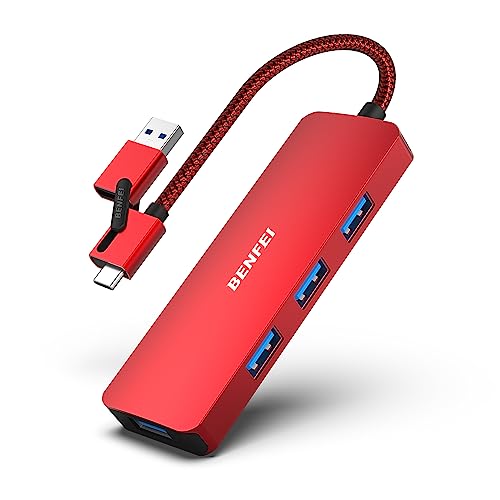 BENFEI 2 in 1 USB Typ A/C Hub Mit 4 USB 3.0-Anschlüssen - Kompatibel für iPhone 15 Pro/Max, MacBook Pro/Air 2023, iPad Pro, iMac, S23, XPS 17 - Rot von BENFEI