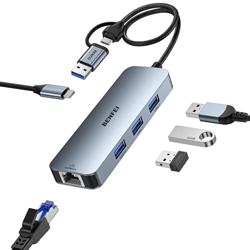 BENFEI USB C USB 3.0 auf Gigabit Ethernet Adapter, 3 Ports USB Hub 3.0 mit RJ45 Ethernet LAN Netzwerkadapter，USB C/USB 3.0 LAN Adapter für MacBook Pro/Air 2023 iPad Pro iMac S23 XPS17 Surface Book 3 von BENFEI