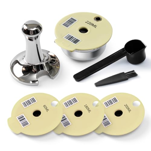 BENFUCHEN Tas simo wiederverwendbare Tas simo-Kapsel aus Edelstahl, 220 ml + extra Deckel, 200 + 180 + 60 ml, nachfüllbare Kapsel aus Edelstahl für Bosch-Kaffeemaschine, mit einem Kaffeestampfer, von BENFUCHEN