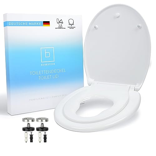 Benkstein® Toilettensitz Kinder mit Absenkautomatik oval weiß – antibakterieller WC Sitz – Quick-Release - einfache Reinigung – einfache Montage – Duroplast – abnehmbar – integrierter Kindersitz von BENKSTEIN