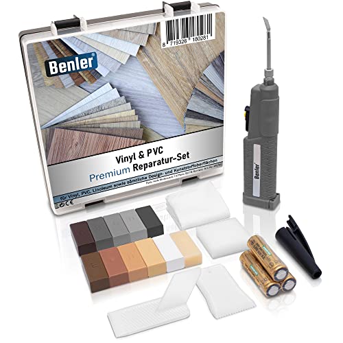 BENLER NEU! - PVC Vinyl und Kunststoff Reparaturset - für Kunststoffoberflächen wie Vinylboden, PVC Bodenbelag & Arbeitsplatte - Laminat Parkett Holz Optik grau - Hartwachs Holzkitt Reparatur von BENLER