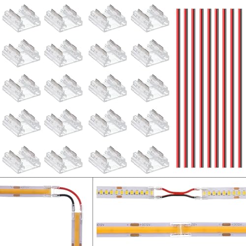 BENLUIN 2 Polig 10mm LED Streifen Verbinder 20 Stück Multifunktional Strip zu Strip und Strip zu Kabel Verbindungsstücke mit 10pcs 15cm Verbindungskabel für ohne Löten 12V 24V COB SMD LED Band Strip von BENLUN